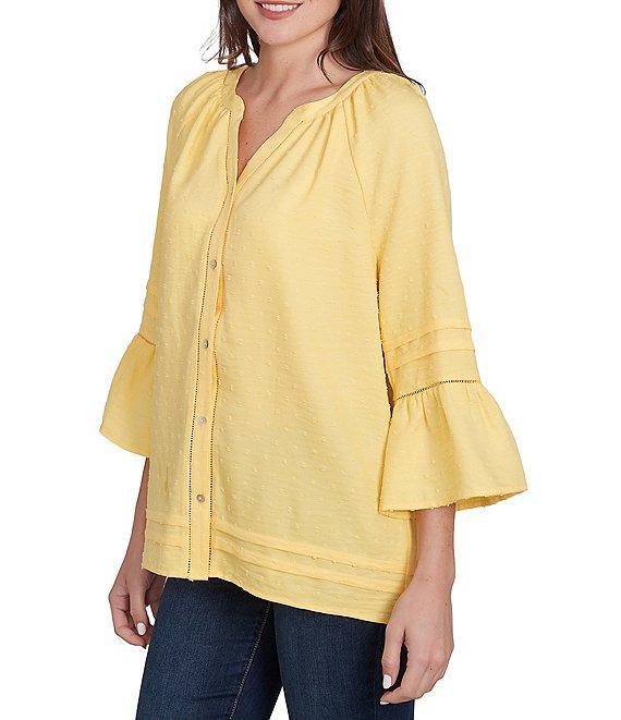 Ruby Rd. Woven Embellished Trim Clip-Dot Mandarin Collar 3/4 Sleeve Button-Front Top Product Image