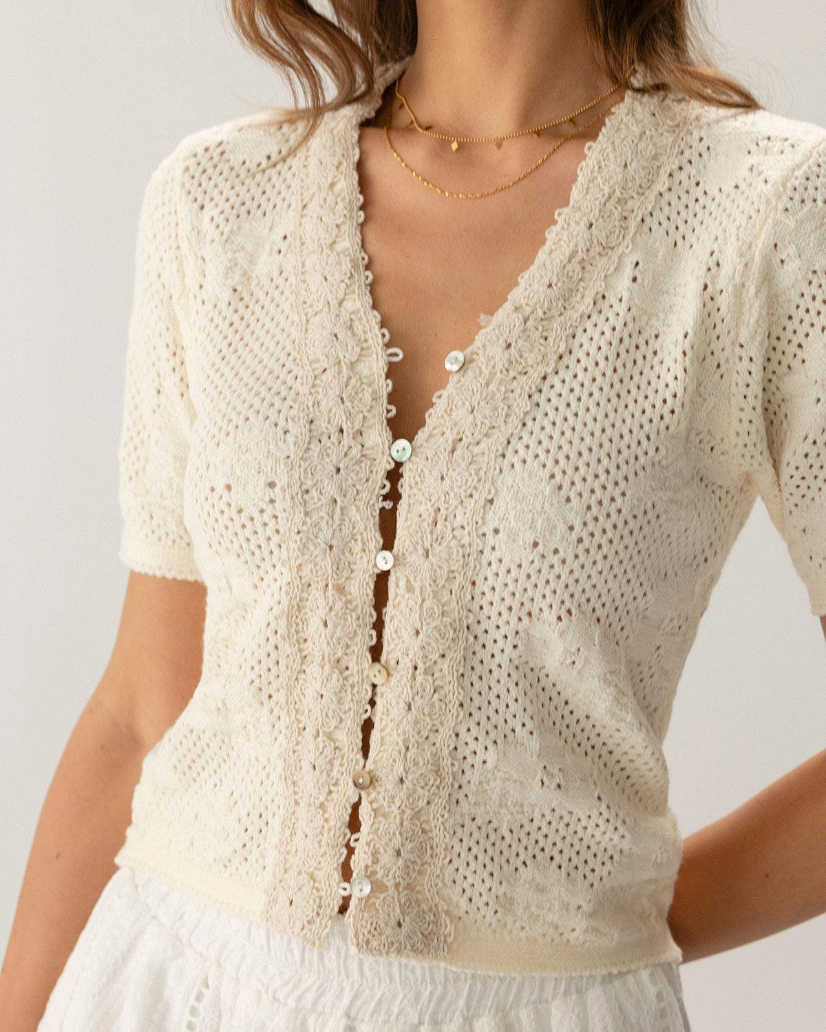 Beige Crochet Textured Cropped Cardigan Product Image