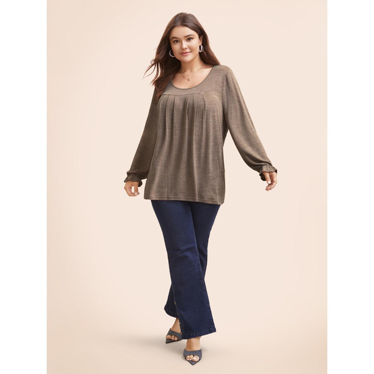 Plus Size Round Neck Heather Pleated T-shirt Mauve Women Leisure Pleated Round Neck Loose Casual T-shirts BloomChic 22-24/3X Product Image