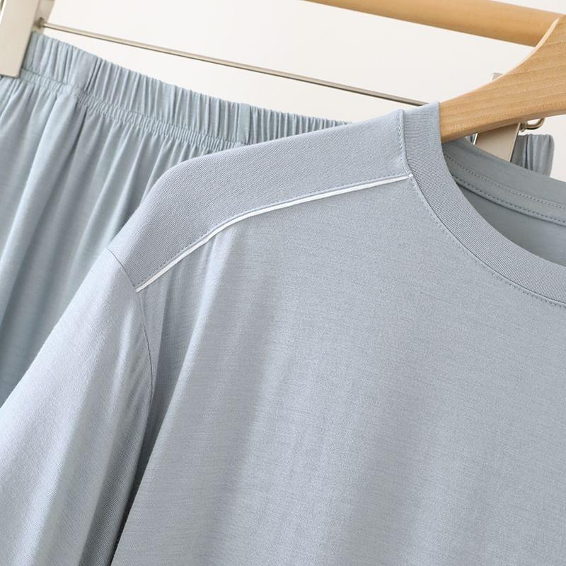 Pajama Set: Short-Sleeve Round Neck Two Tone T-Shirt + Lounge Shorts Product Image