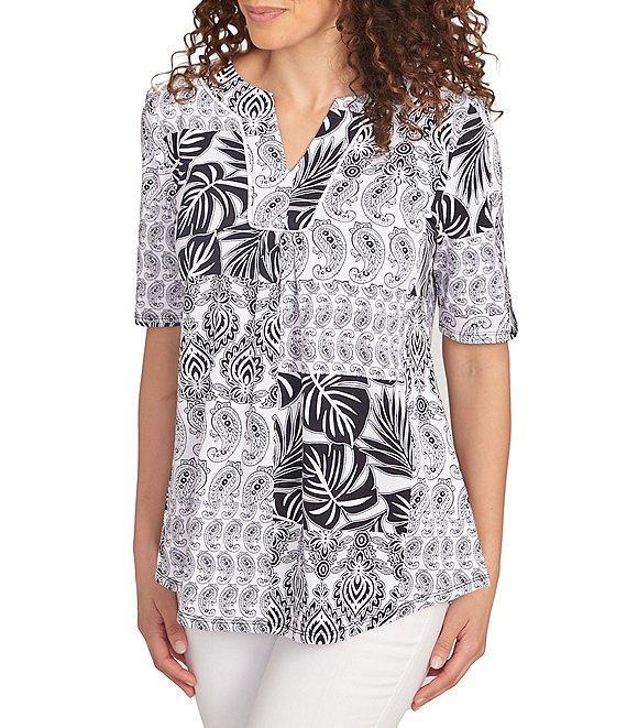 Ruby Rd. Knit Patchwork Split V-Neck Short Sleeve Top Product Image