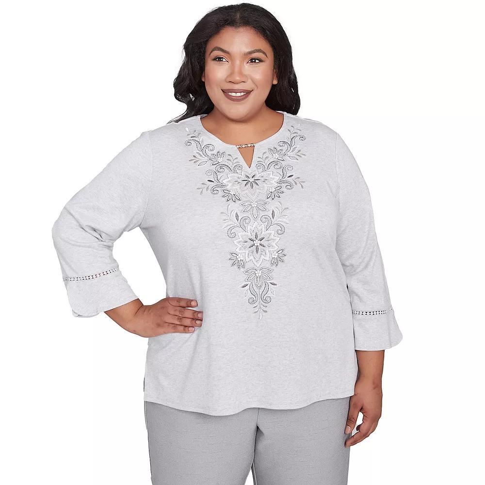Plus Size Alfred Dunner Embroidered Scroll Bell Sleeve Top, Women's, Size: 3XL, Dove Gray Product Image