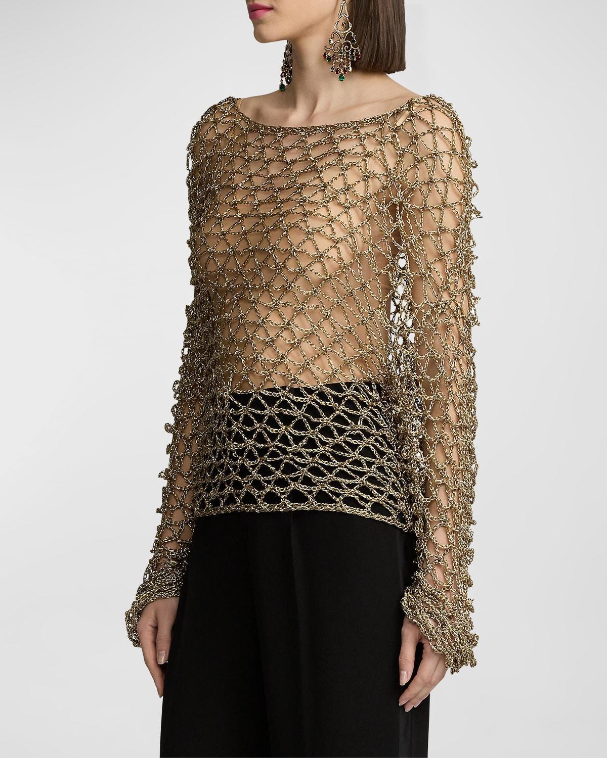 Womens Metallic Hand-Crocheted Boatneck Sweater Product Image