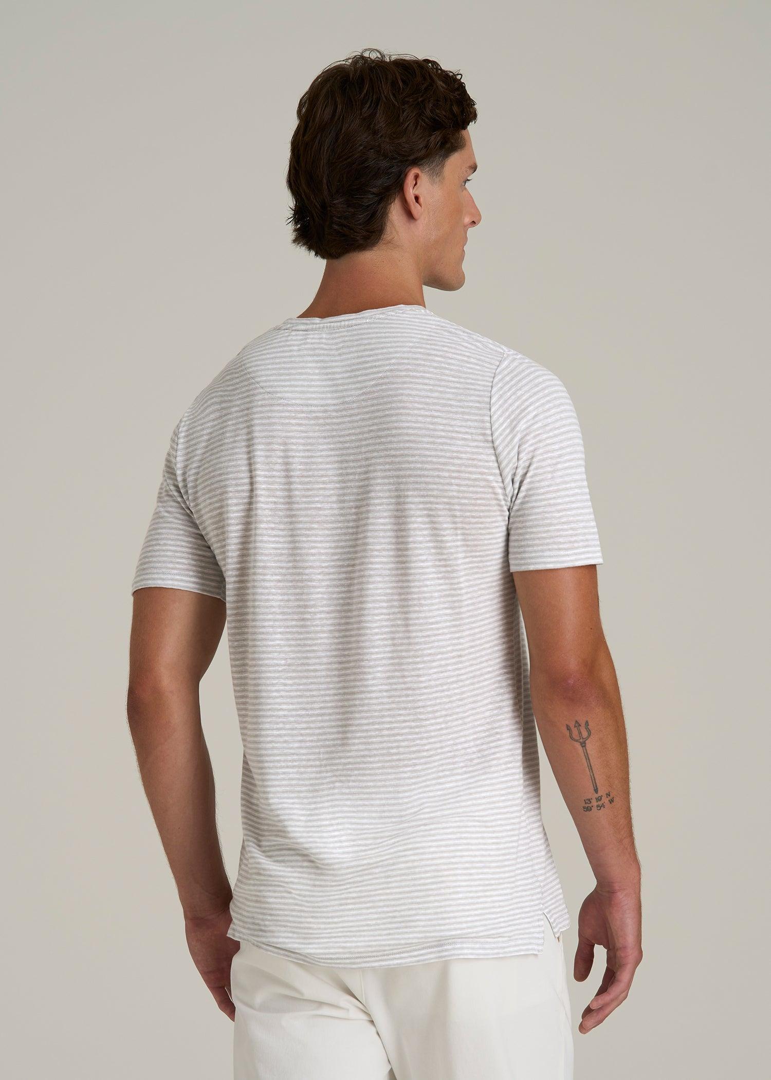 Linen Crewneck T-Shirt for Tall Men in Grey and White Mini Stripe Male Product Image