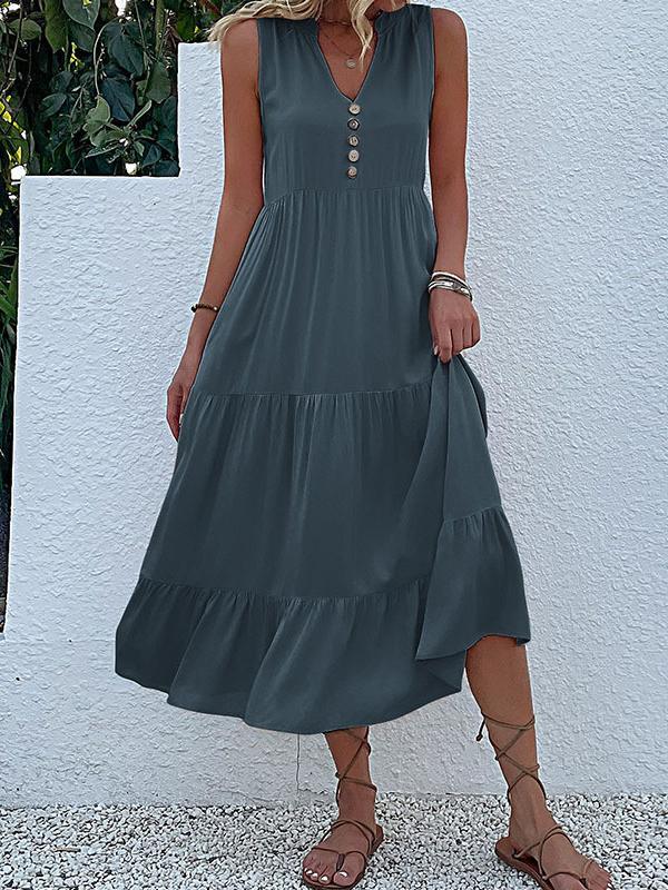 Loose Sleeveless Pleated Split-Joint V-Neck Midi Dresses Product Image