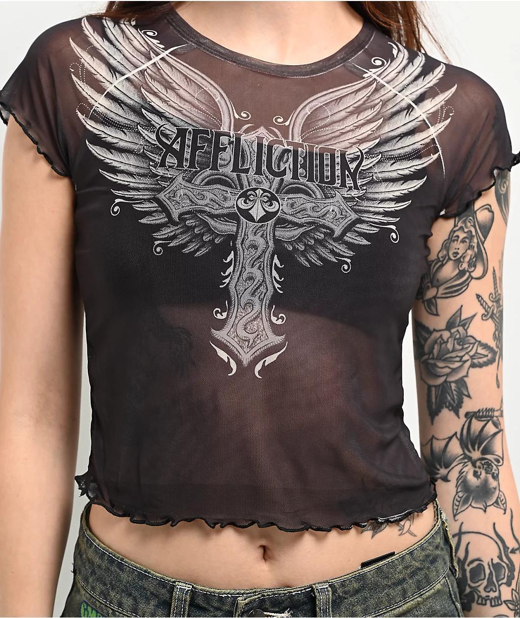 Affliction Loki Mesh Black Crop T-Shirt Product Image