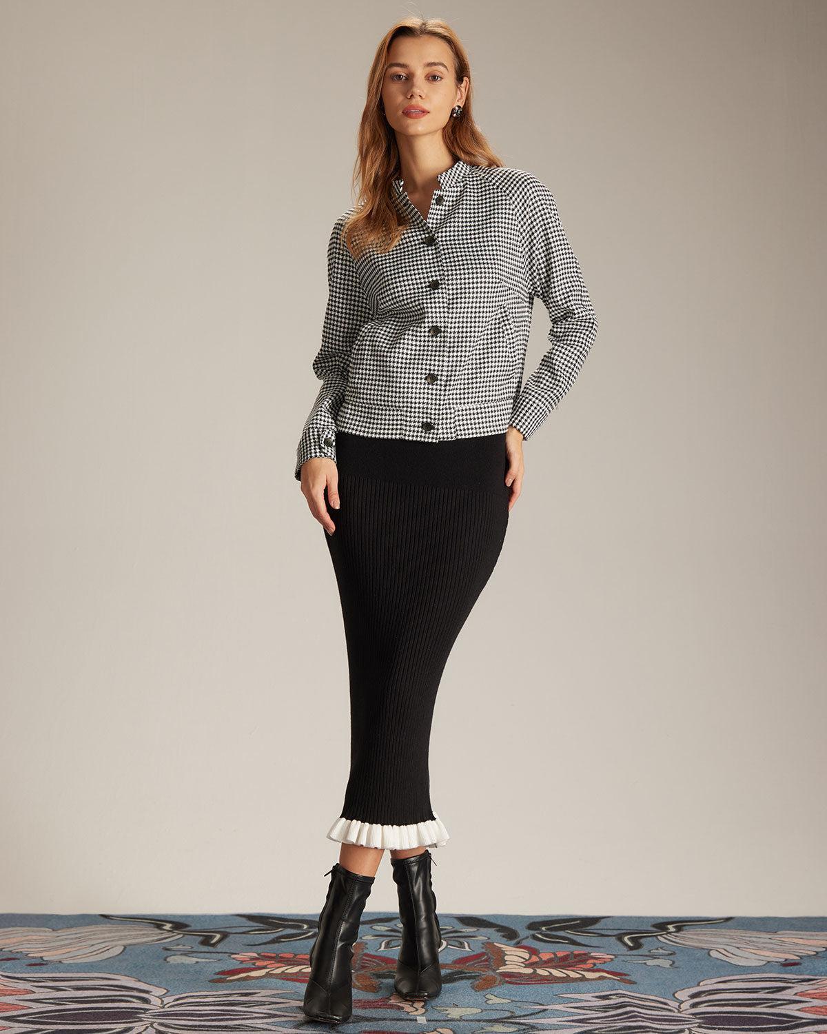 The Black Mock Neck Houndstooth Jacket Product Image