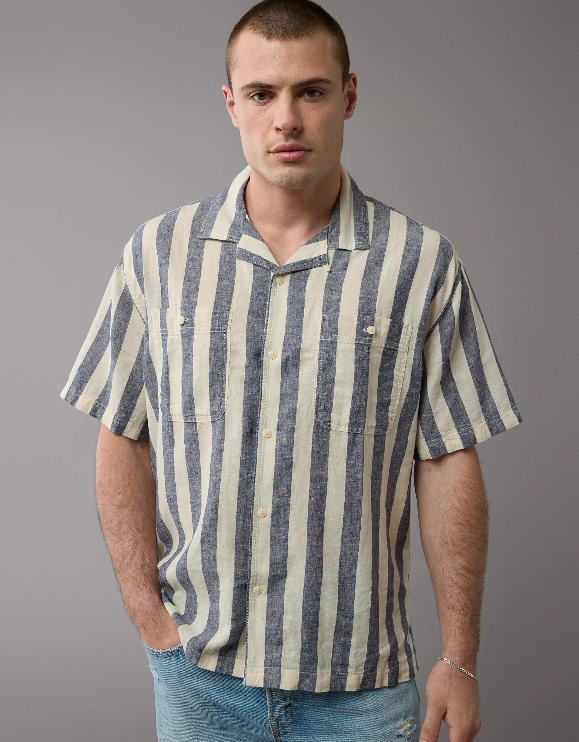 AE Poolside Linen-Blend Striped Button-Up Shirt Product Image