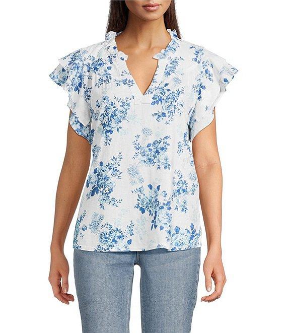 Tru Luxe Jeans Floral Linen Blend Ruffle Split V-Neck Flutter Sleeve Blouse Product Image