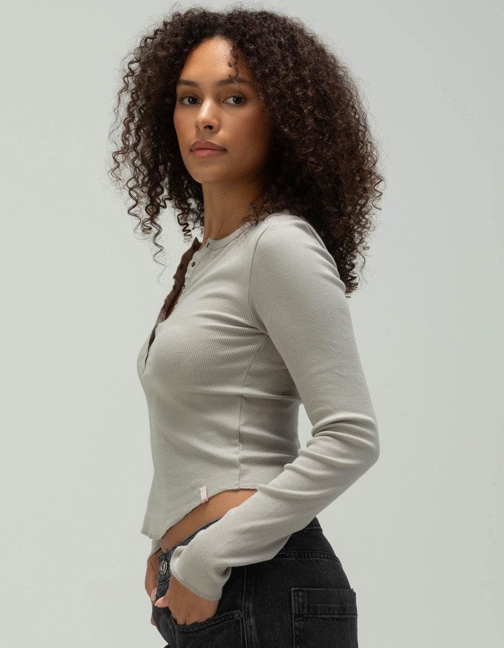 BDG Urban Outfitters Drake Henley Womens Long Sleeve Top - GRAY Product Image