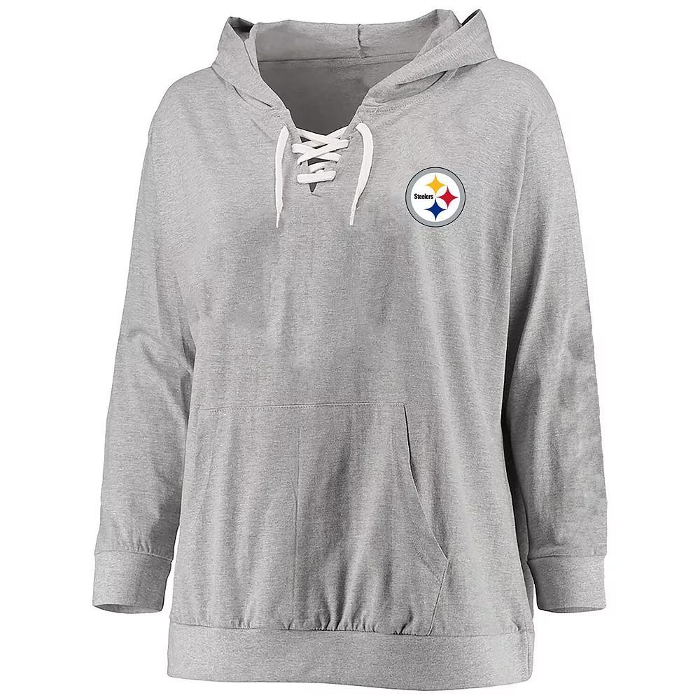 Women's Fanatics Heather Gray Pittsburgh Steelers Plus Size Lace-up Pullover Hoodie, Size: 2XL, Grey Product Image