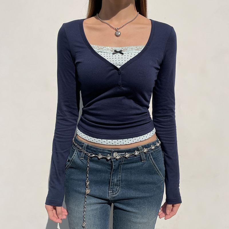 Long Sleeve Mock Two Piece Lace-Trim Dotted Print Slim-Fit Crop T-Shirt Product Image