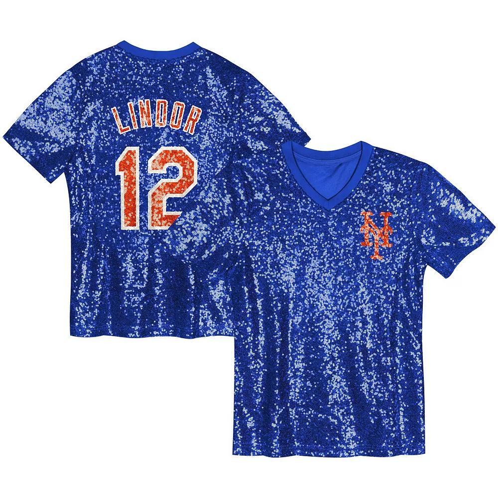 Juniors Francisco Lindor Royal New York Mets Name & Number Sequin V-Neck Top, Women's, Size: JR Medium, Blue Product Image