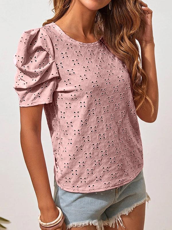 Loose Short Sleeves Hollow Pleated Solid Color Round-Neck T-Shirts Tops Product Image