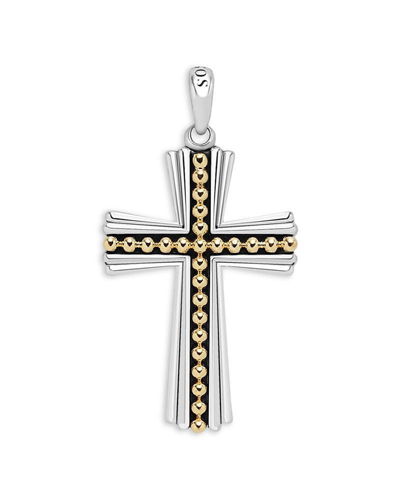 Lagos Mens 18K Yellow Gold & Sterling Silver Anthem Caviar Bead Cross Pendant - Exclusive Product Image