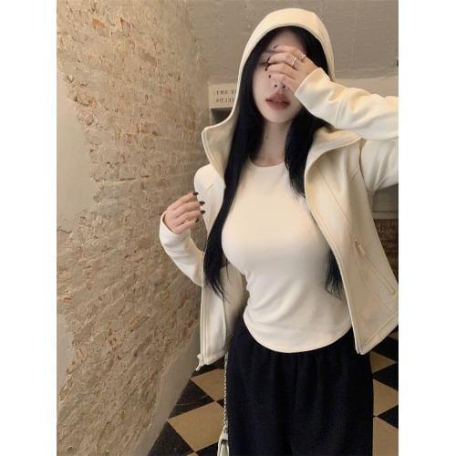 Plain Zip-Up Hoodie / Round Neck Slim Fit Crop Tank Top / High Rise Wide Leg Pants Product Image