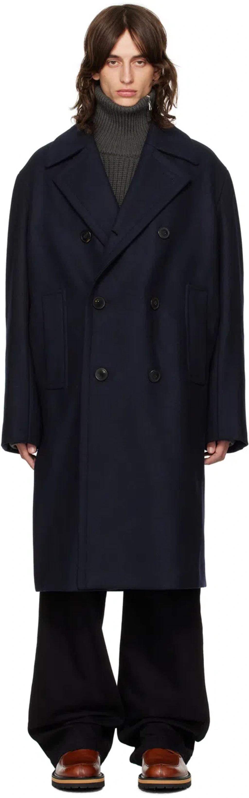 DRIES VAN NOTEN Navy Double-breasted Coat Product Image