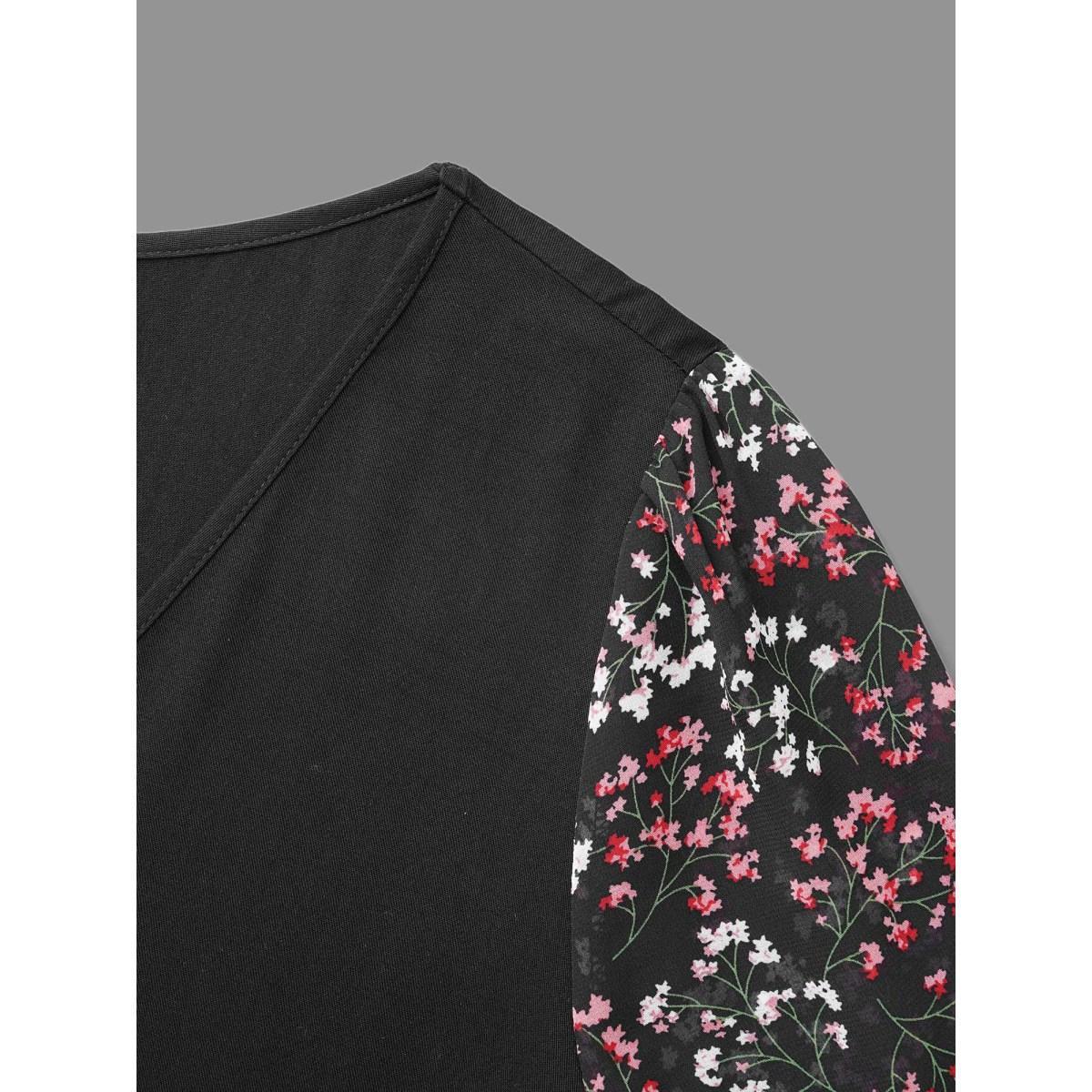 Plus Size Black V Neck Ditsy Floral Patchwork Blouse Women Elegant Elbow-length sleeve V-neck Everyday Blouses BloomChic 10/M Product Image