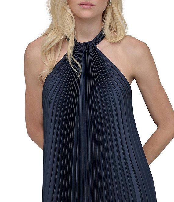 DKNY by Donna Karan Pleated Charmeuse Ombre Print Halter Neck Sleeveless Sheath Midi Dress Product Image