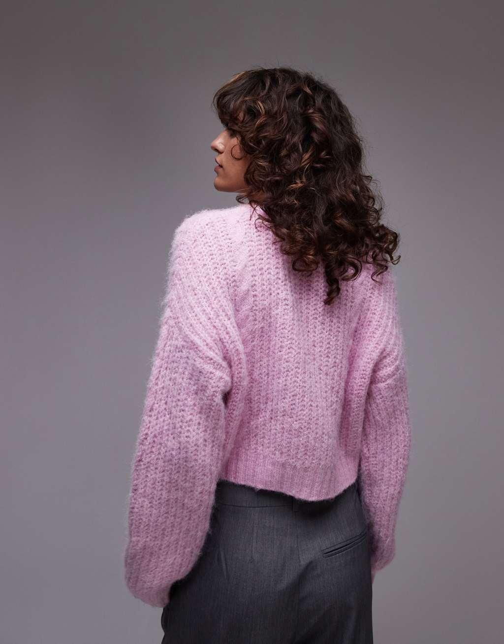 Topshop knit cropped fluffy cable cardigan in pink Product Image