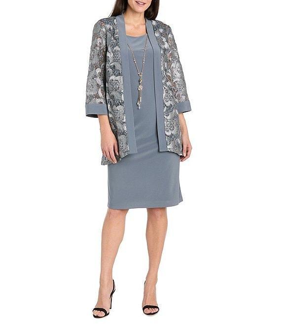 R & M Richards Crew Neck 3/4 Sleeve Embroidered Mesh Sequin 2-Piece Jacket Dress Product Image