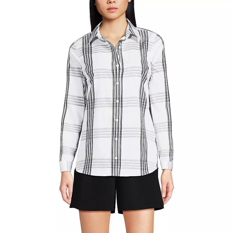 Petite Lands End No Iron Supima Cotton Long Sleeve Shirt, Womens Green Wide Stripe Product Image