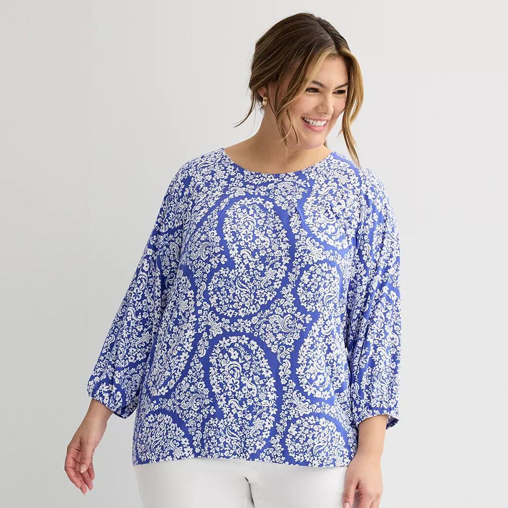 Plus Size Croft & Barrow® 3/4-Sleeve Pleated Top, Women's, Size: 4XL, Blue Floral Paisley Product Image