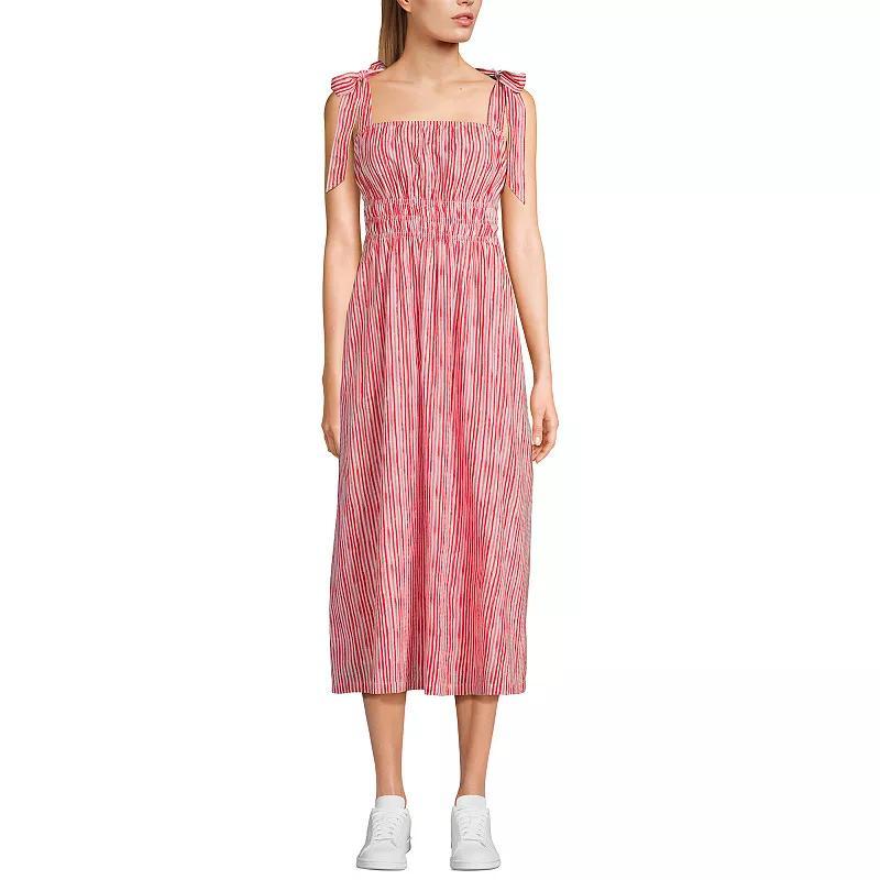 Womens Lands End Dobby Square Neck Tie Shoulder Midi Dress Pink Palm Border Product Image