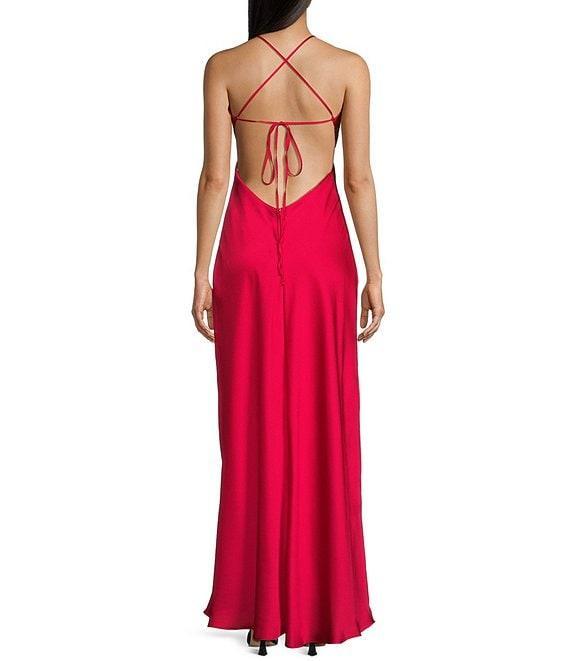 B. Darlin Bubble Satin V-Neck Spaghetti Strap Criss Cross Back Long Dress Product Image