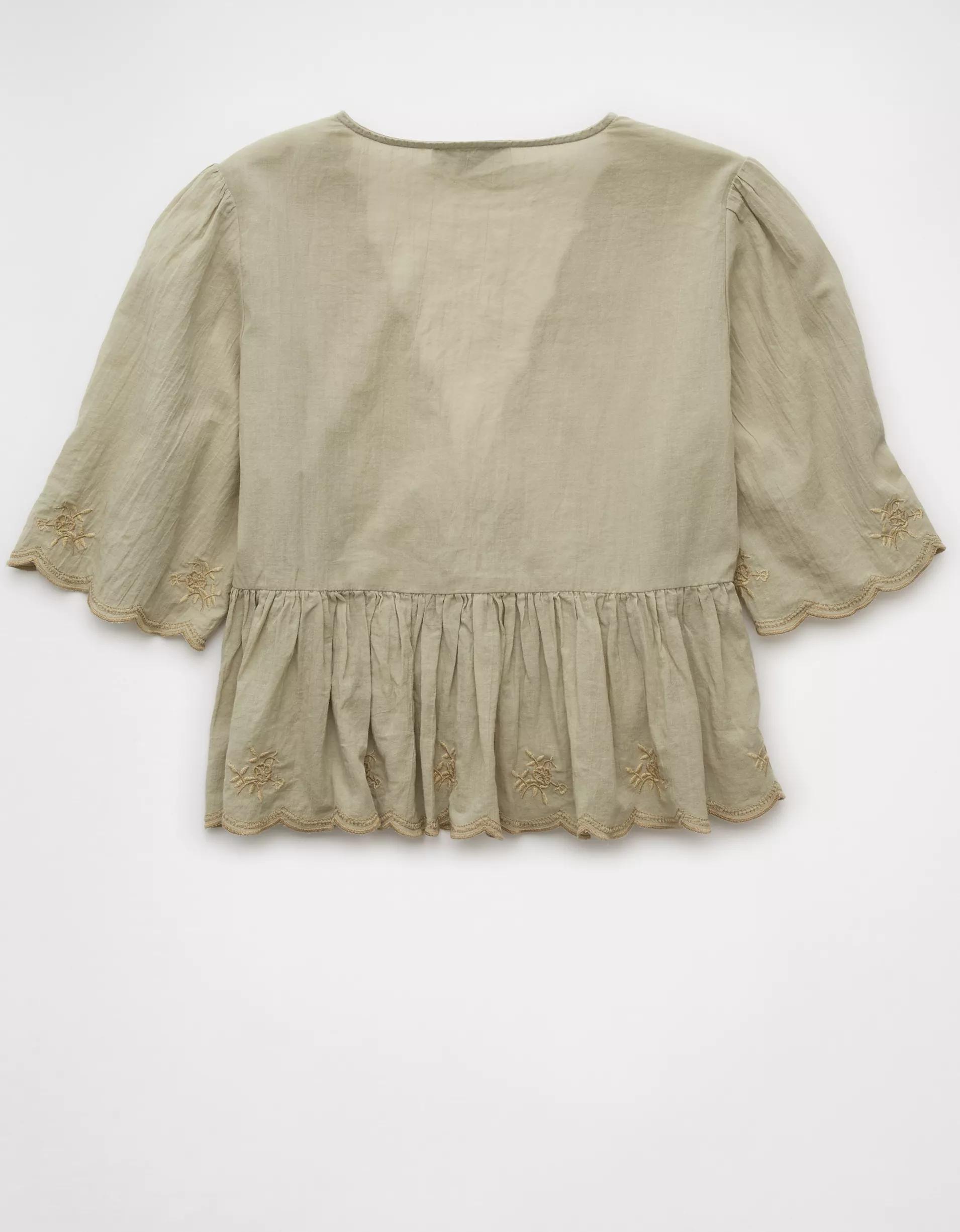 AE Embroidered Tie Front V-Neck Blouse Product Image