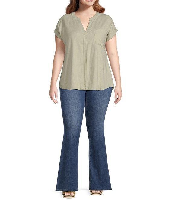 Perch By Blu Pepper Plus Short Sleeve Back Button Woven Linen Blend Top Product Image