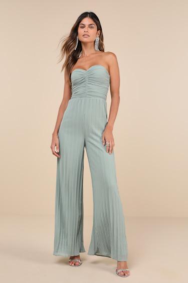 Certainly Charming Sage Pleated Strapless Wide-Leg Jumpsuit Product Image