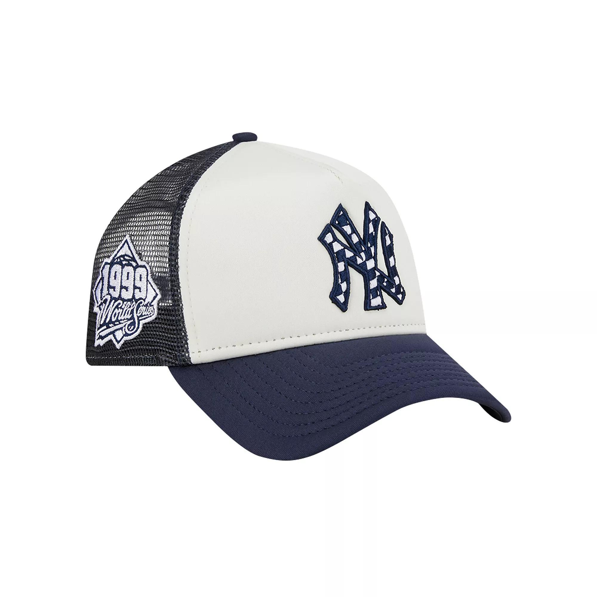 Men's New Era White/Navy New York Yankees Checkered Flag A-Frame Trucker 9FORTY Adjustable Hat Product Image