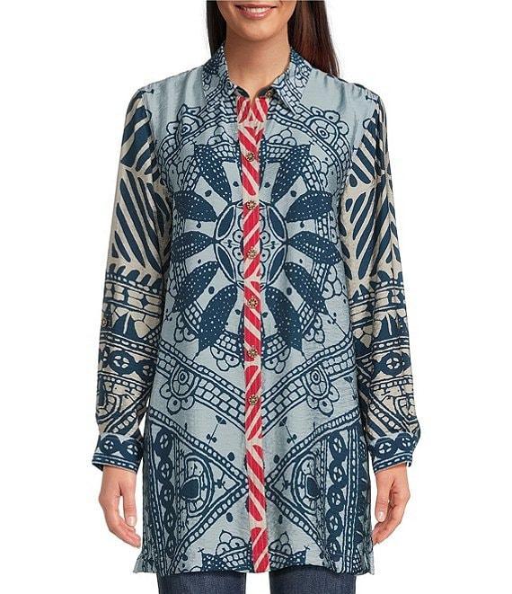 John Mark Medallion Abstract Print Point Collar Long Roll-Tab Sleeve Button Front Tunic Product Image