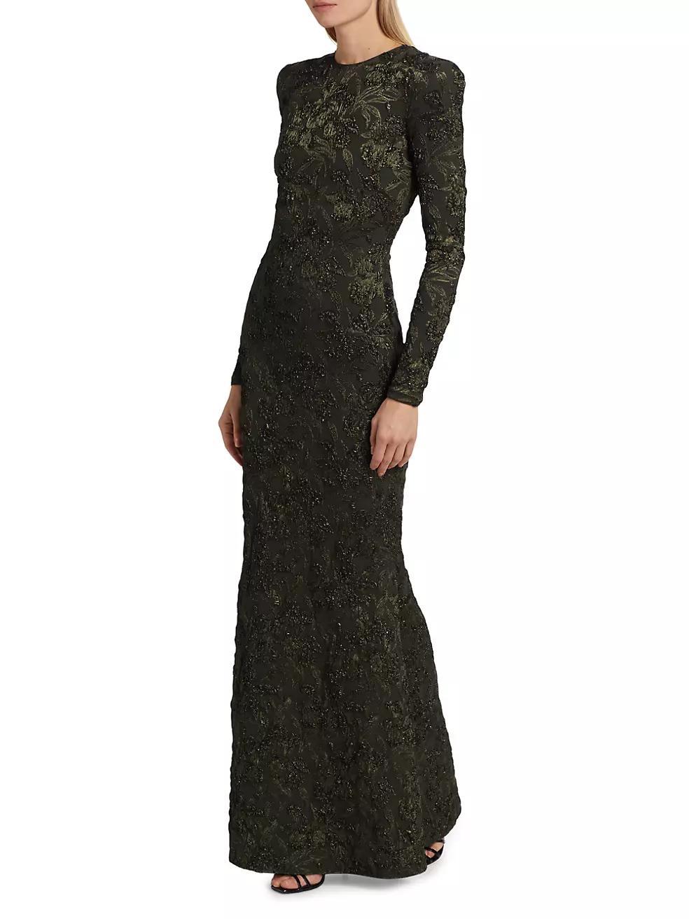 Long-Sleeve Metallic Jacquard Gown Product Image