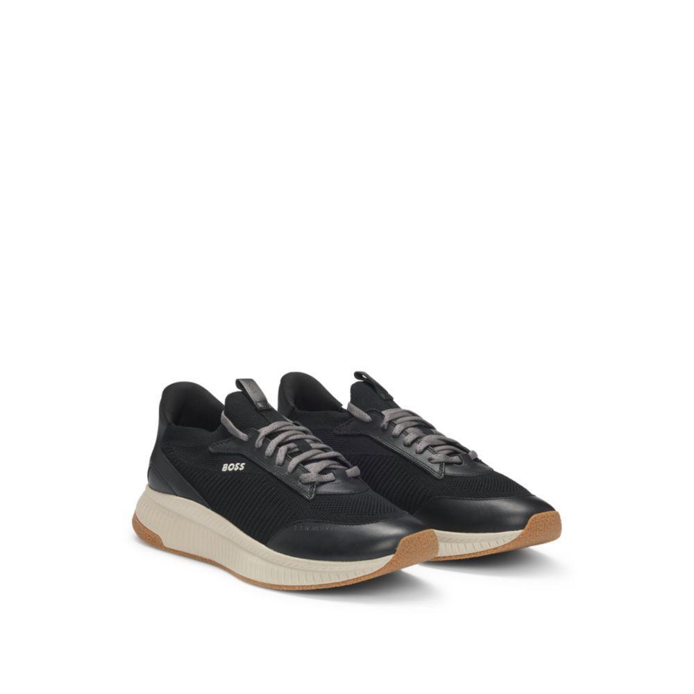 HUGO BOSS Mixed-material Trainers With Fishbone Sole And Signature Accents In Black Product Image