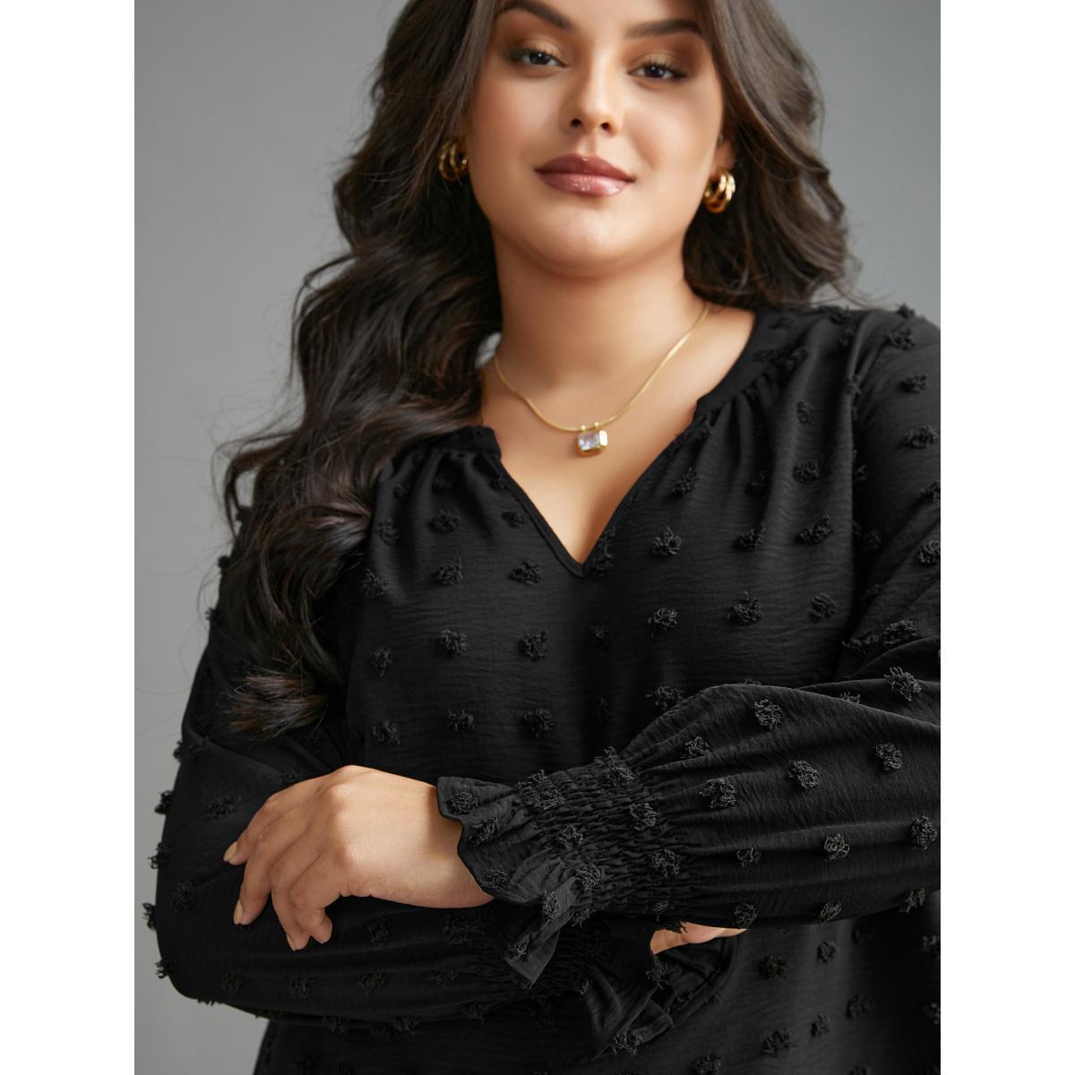 Plus Size Black Plain Textured Shirred Gathered Blouse Women Elegant Long Sleeve V-neck Everyday Blouses BloomChic 18-20/2X Product Image