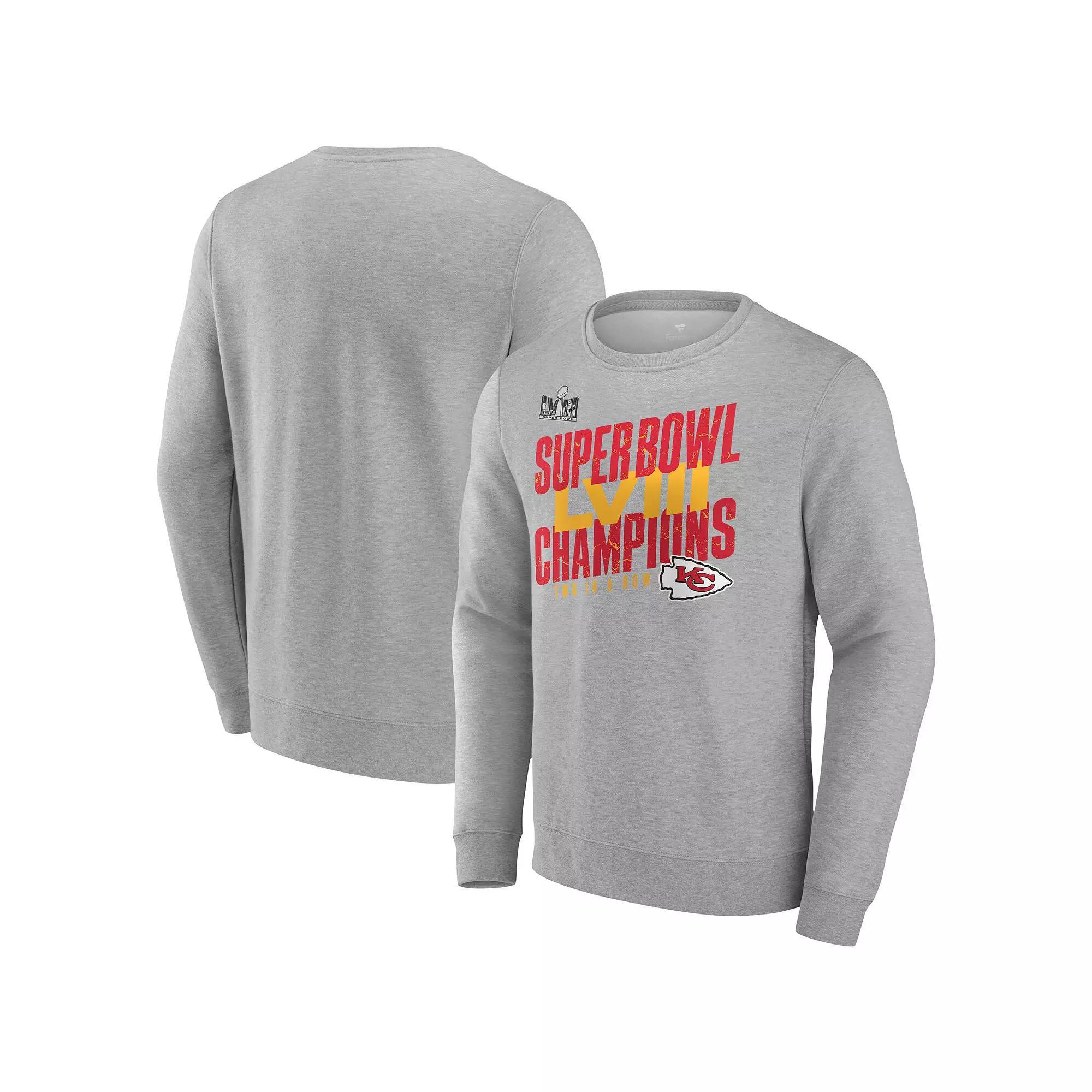 Men's Fanatics Branded Heather Gray Kansas City Chiefs Super Bowl LVIII Champions Iconic Victory Crewneck Pullover, Size: 2XL, Grey Product Image