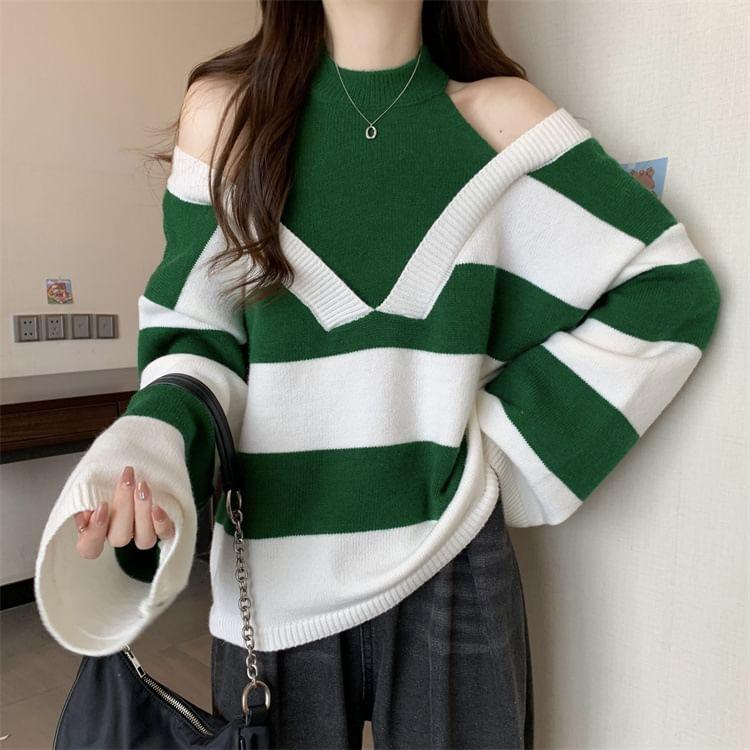 Cold Shoulder Striped Mock Two Piece Oversized Sweater Product Image