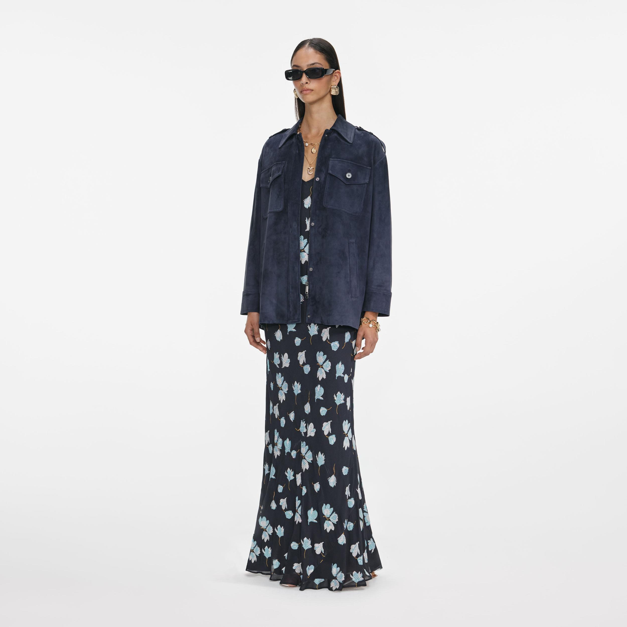 Navy Suede Oversized Jacket Product Image