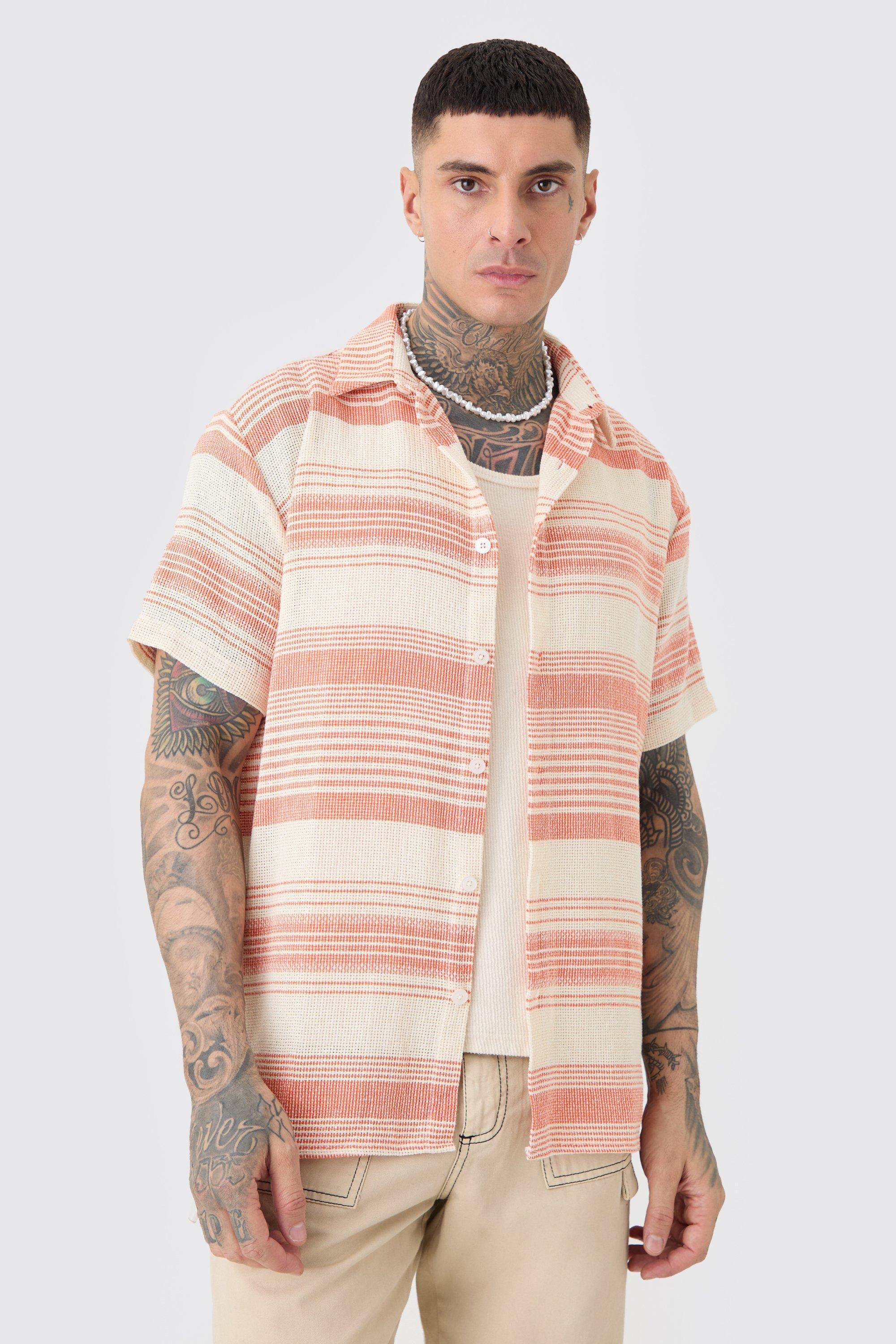 Mens Beige Tall Short Sleeve Oversized Textured Stripe Shirt In Stone, Beige Product Image