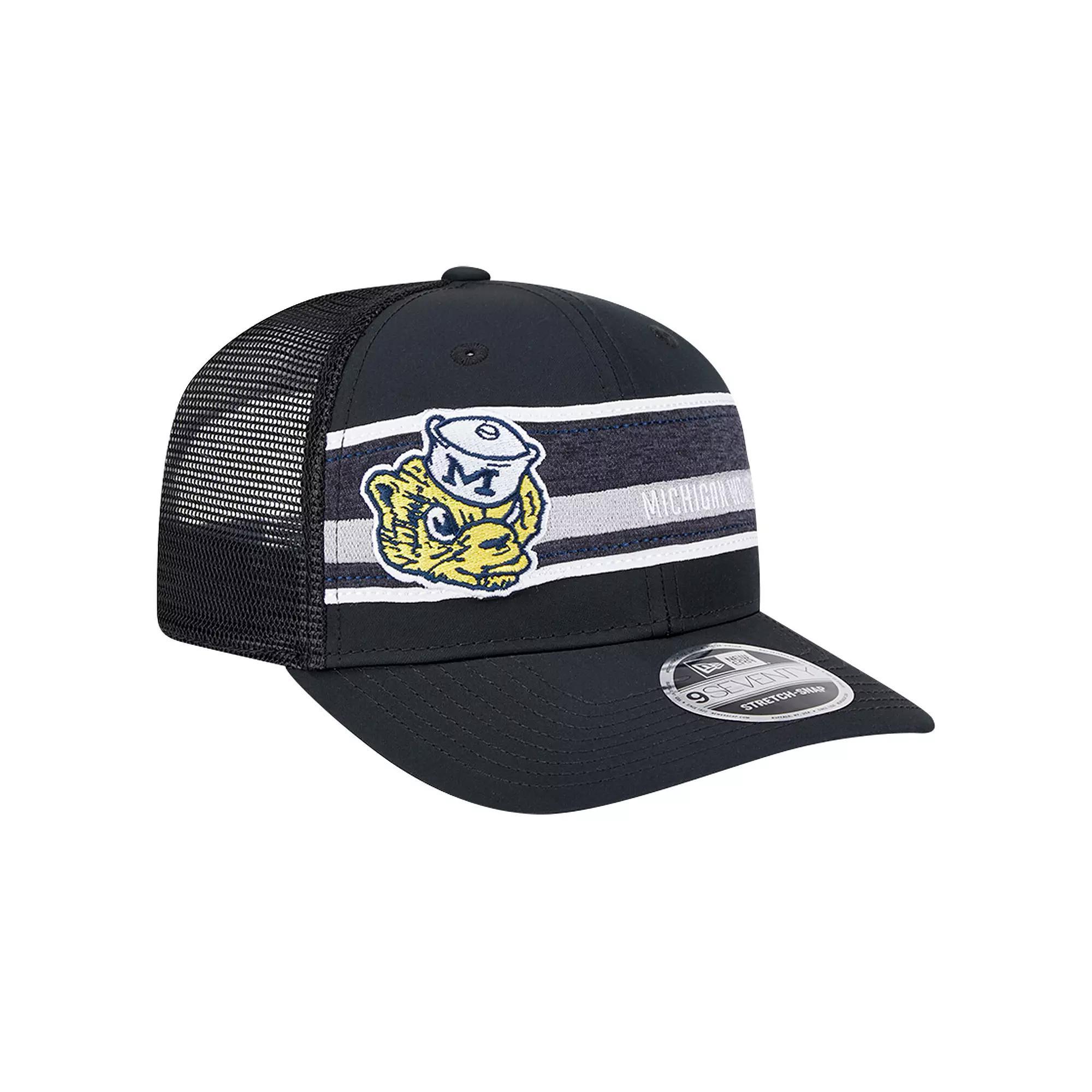 Men's New Era Black/Navy Michigan Wolverines Striped 9SEVENTY Trucker Stretch-Snap Adjustable Hat Product Image