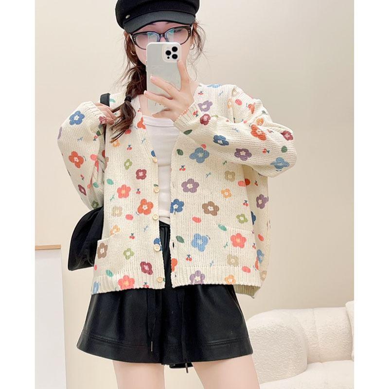 V-Neck Floral Print Button-Up Cardigan Product Image