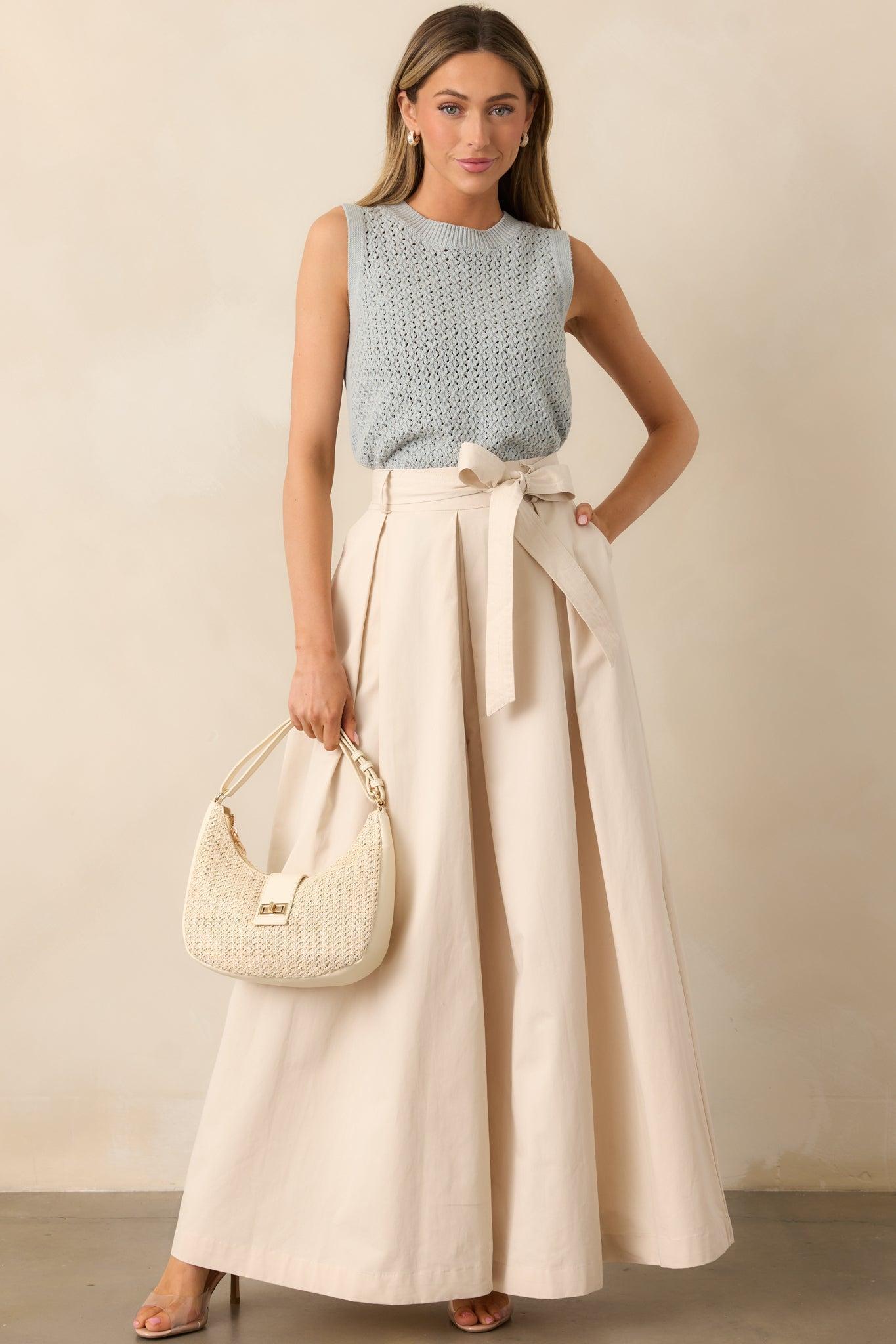 Taking Time Off Ecru Cotton Belted Palazzo Pants Product Image