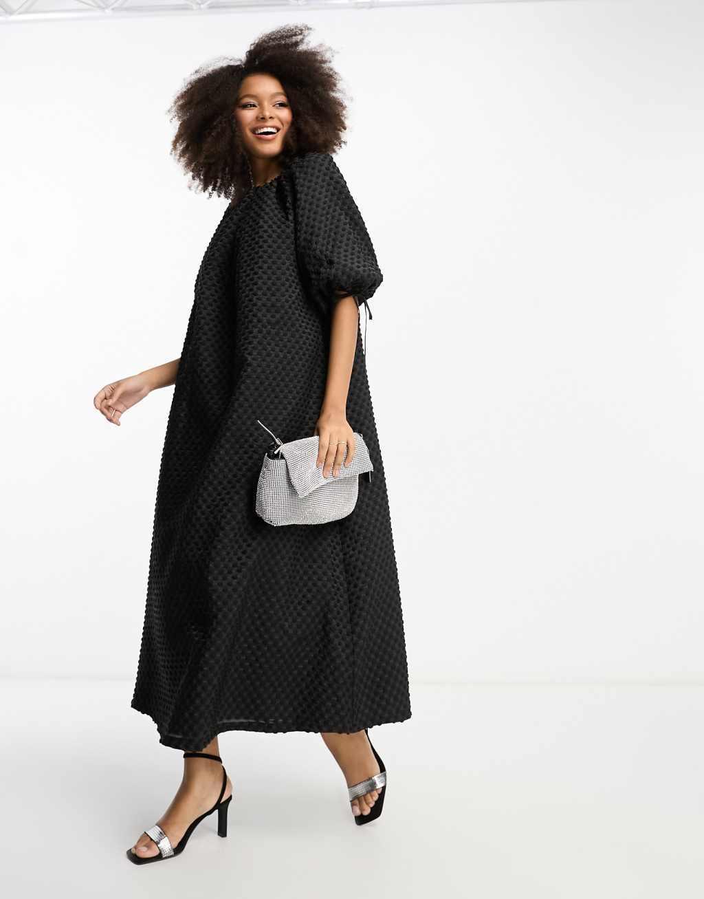 ASOS DESIGN textured midi smock dress with gathered neck in black Product Image