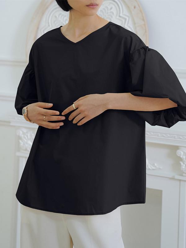 Half Sleeves Loose Solid Color V-Neck Blouses&Shirts Tops Product Image