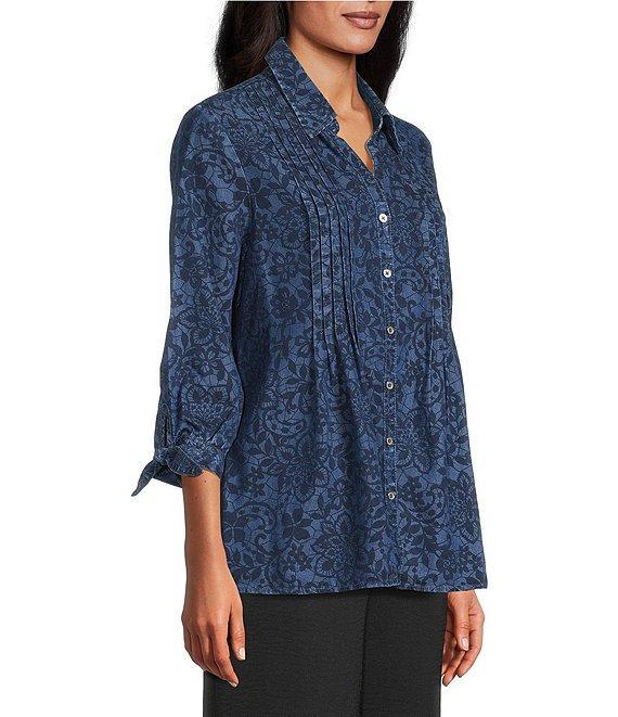 Allison Daley Petite Amazing Lace Print 3/4 Tie Sleeve Point Collar Button Front Lyocell Blouse Product Image