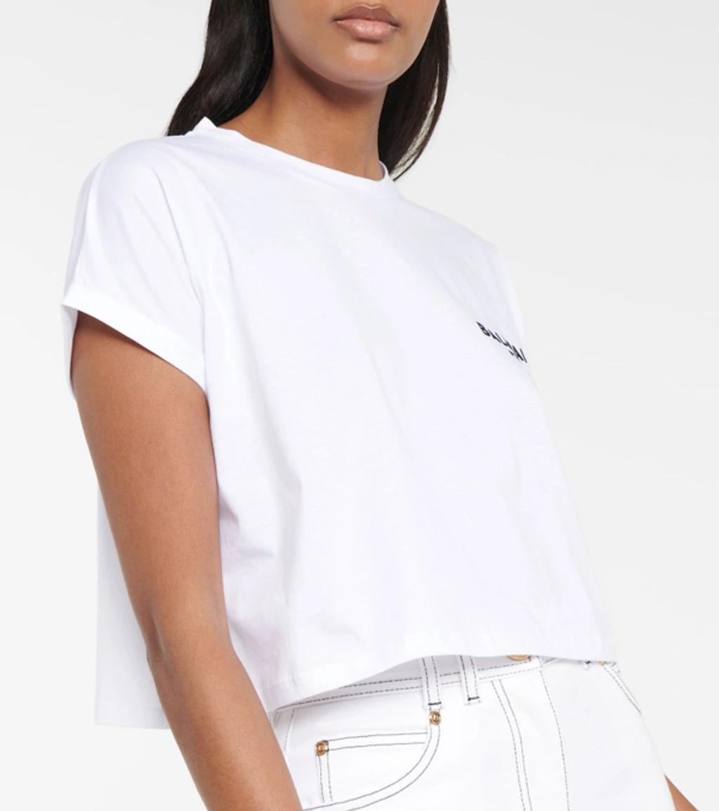 BALMAIN Cropped Flocked Cotton-jersey T-shirt In White Silver Product Image