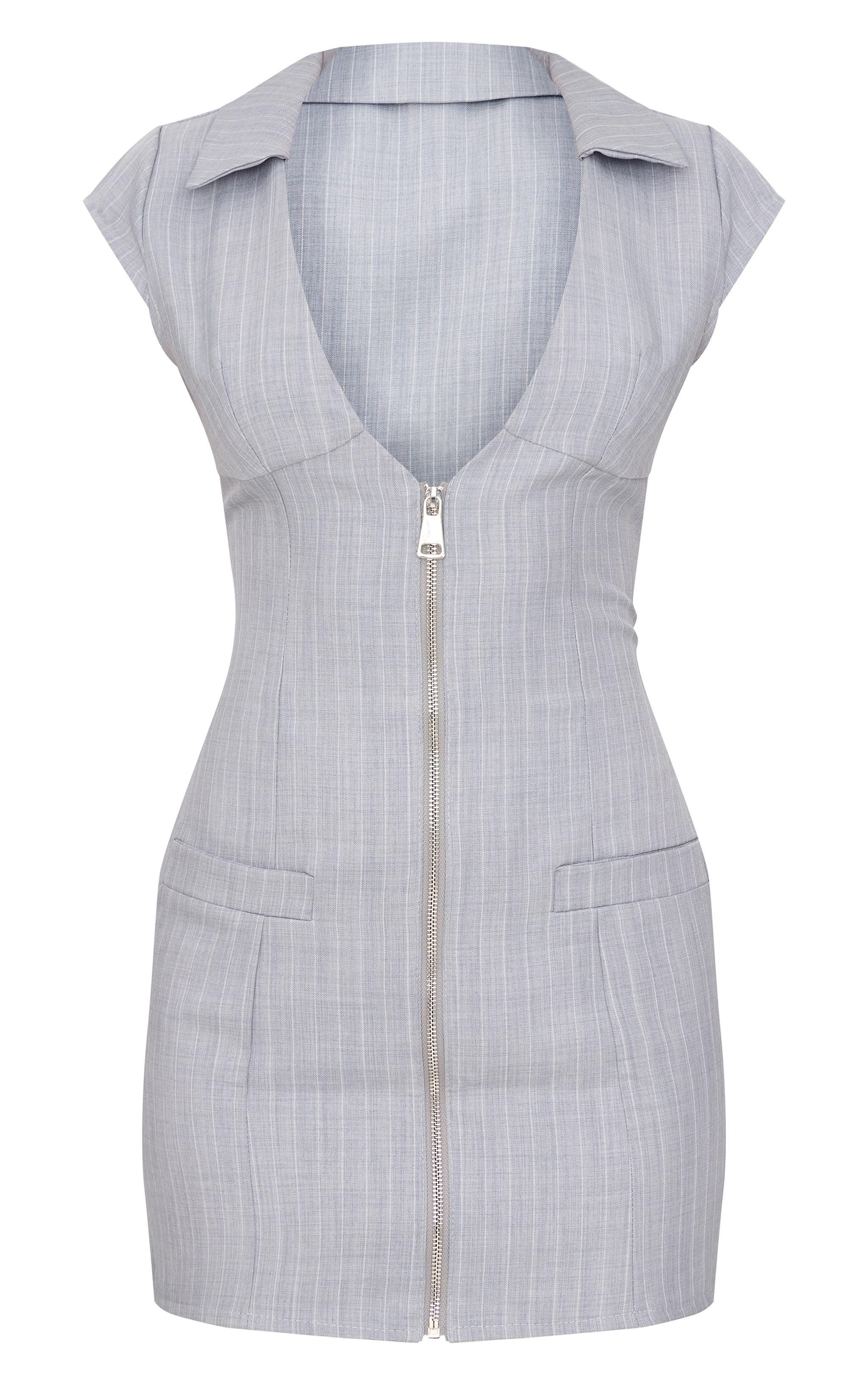 Grey Pinstripe Pocket Detail Zip Up Mini Dress Product Image