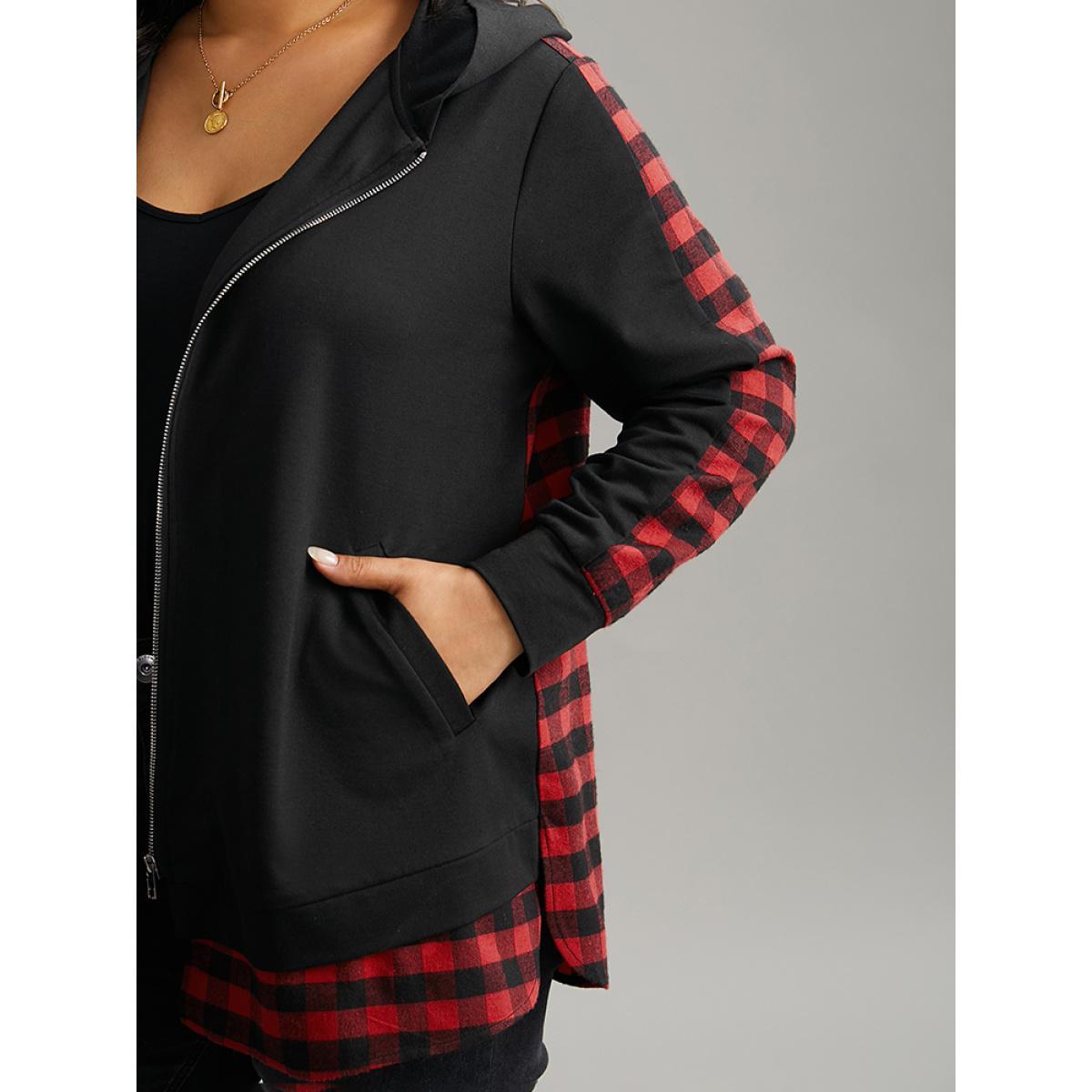 Plus Size Plaid Patchwork Zipper Hooded Asymmetrical Hem Jacket Women Black Contrast Pocket Dailywear Jackets BloomChic 18-20/2X Product Image